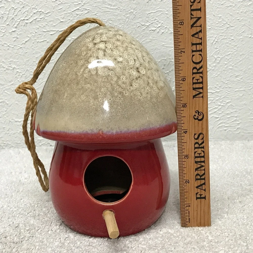 Ceramic Mushroom Birdhouse Hanging Garden Decor Red Toadstool Village Novelty 8